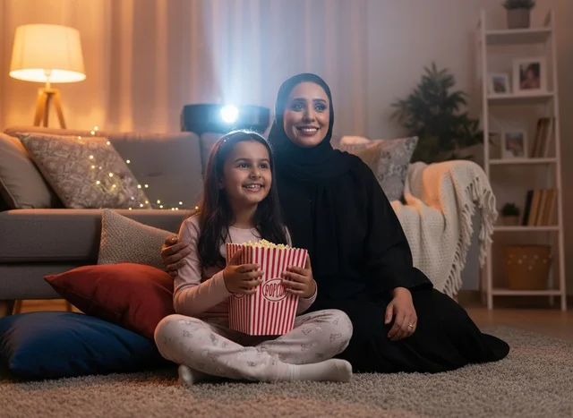 Arab Mother and Daughter Home Cinema Movie Night