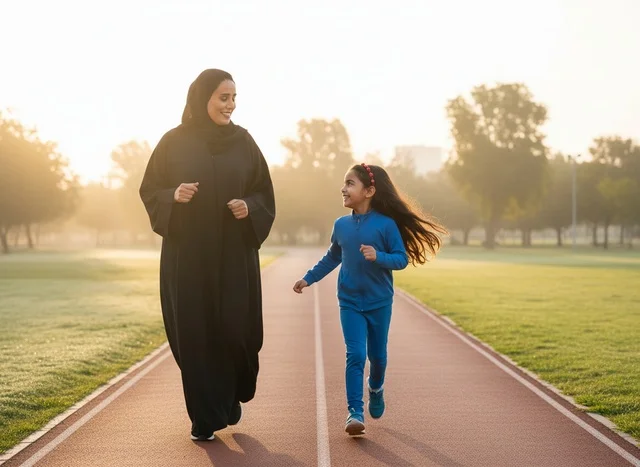 أم إماراتية وابنتها تمارسان الجري في حديقة عامة