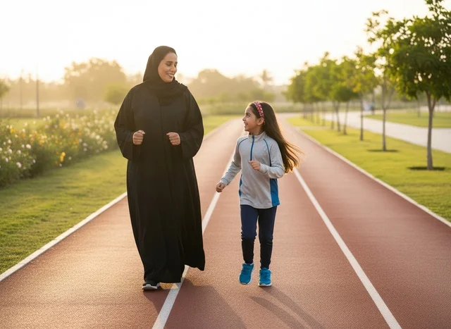 Saudi Mother and Daughter Running on Track at Sunset