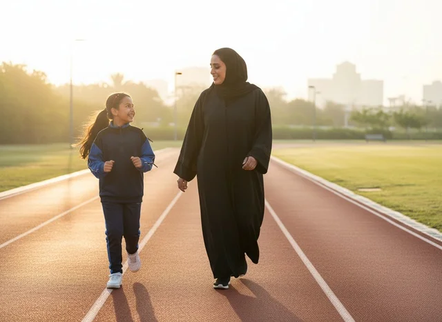 Emirati Mother and Daughter Walking on Track at Sunrise