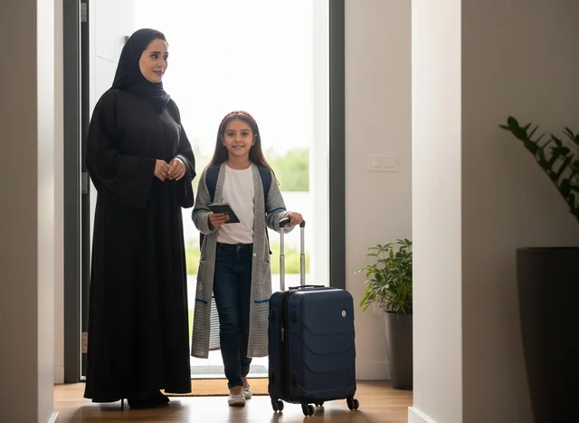Emirati Mother and Daughter with Suitcase at Home