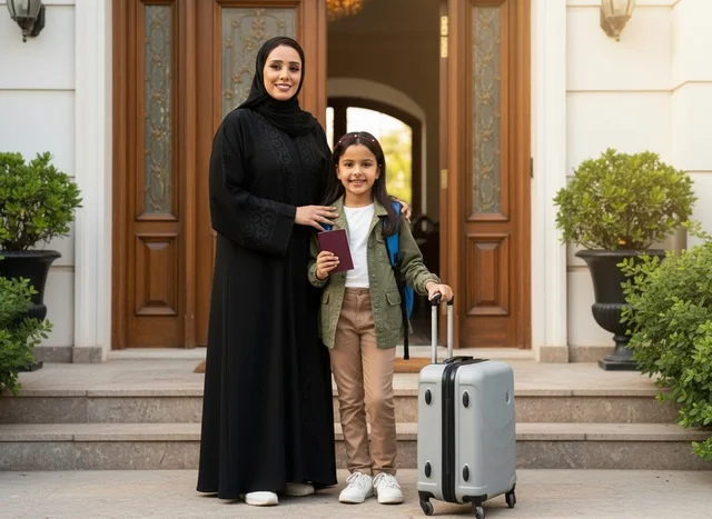 Emirati Mother and Daughter with Suitcase at Home