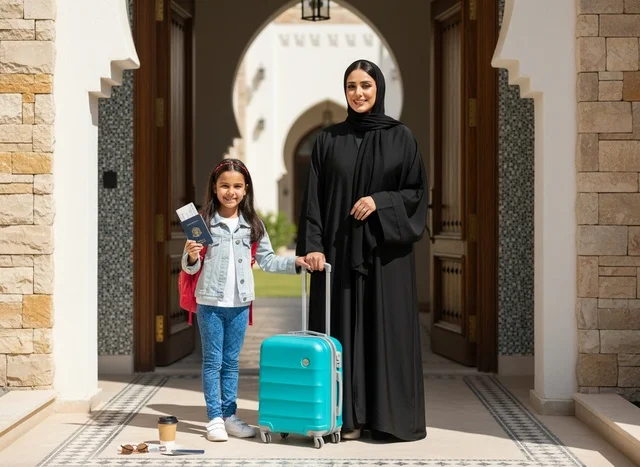 امرأة إماراتية وطفلة مع حقيبة سفر وجواز سفر