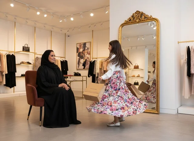 امرأة سعودية وطفلة تتسوقان في متجر ملابس فاخر