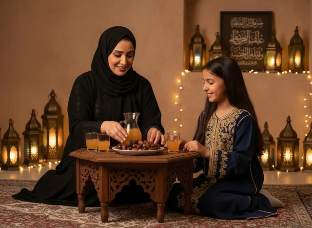 أم وابنتها عربية يفطران بالتمر في رمضان