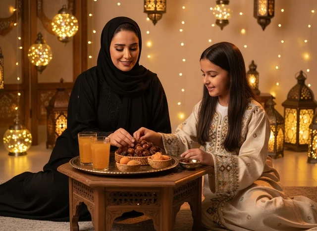 Saudi Mother and Daughter Eating Dates for Ramadan