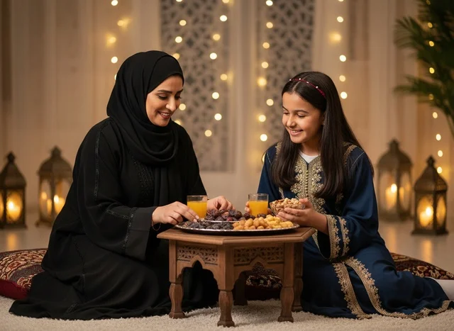 امرأة إماراتية وطفلة تتناولان التمر في رمضان