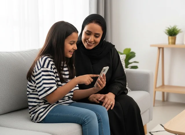 أم إماراتية وابنتها تستخدمان الهاتف الذكي في المنزل