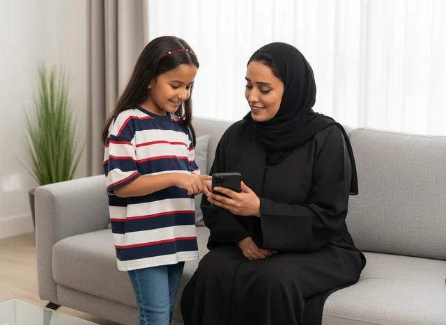 Emirati Woman and Girl Using Smartphone on Sofa