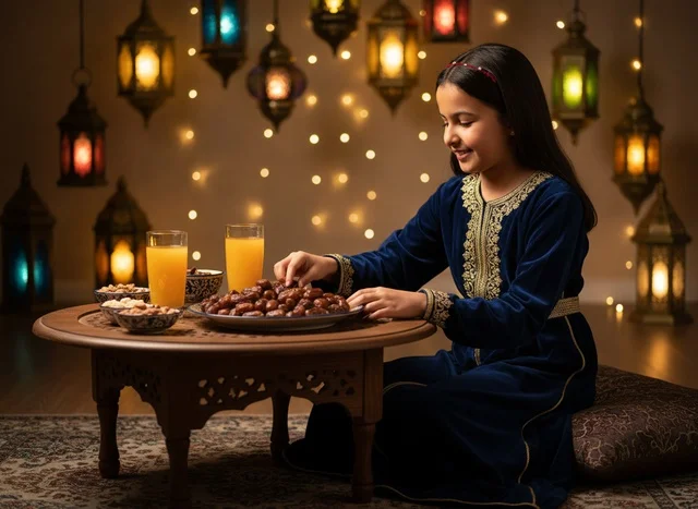 Arab Girl in Traditional Jalabiya Eating Dates at Ramadan
