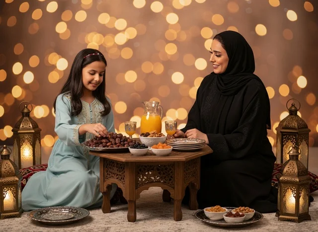 Emirati Mother and Daughter Eating Dates at Ramadan