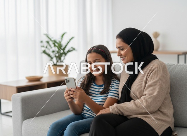 أم سعودية وابنتها تستخدمان الهاتف الذكي على الأريكة