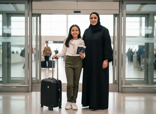Arab Mother and Daughter at Airport with Passports