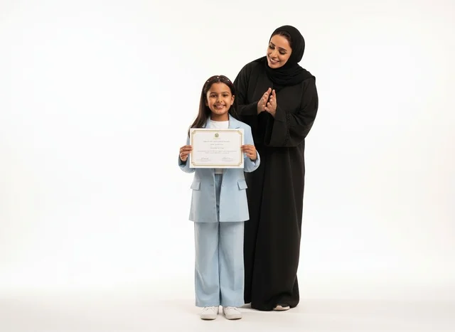فتاة سعودية تحمل شهادة مع امرأة إماراتية بالعباءة