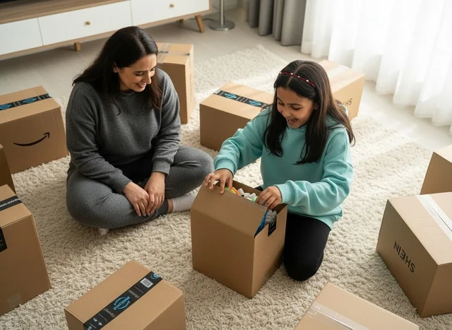 أم وابنتها عربيتان تفتحان صناديق التسوق عبر الإنترنت