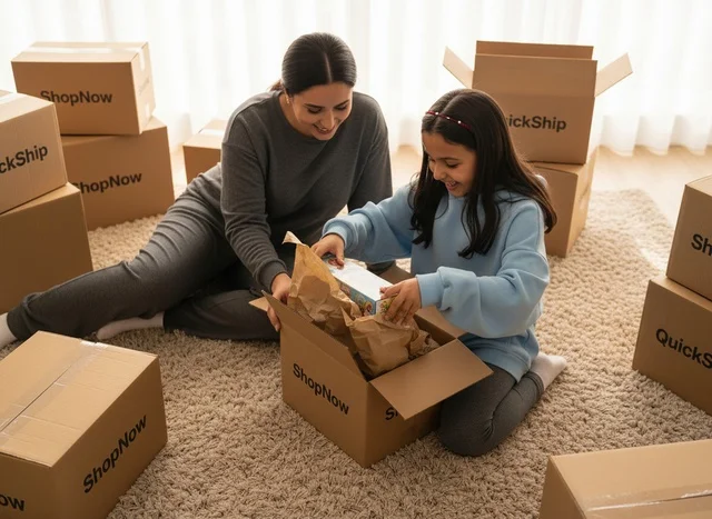 Arab Mother and Daughter Unboxing Delivery at Home
