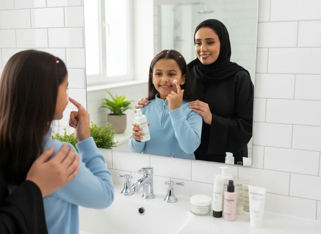 Emirati Mother and Daughter Skincare Routine in Bathroom