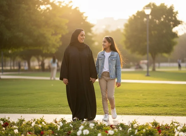 أم إماراتية وابنتها تمشيان في الحديقة وقت الغروب أم إماراتية وابنتها تمشيان في الحديقة وقت الغروب