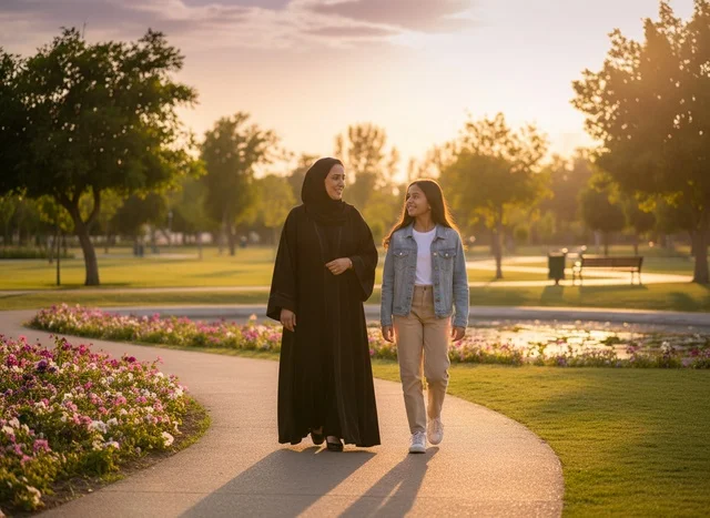 Emirati Mother and Daughter Walking in Public Park