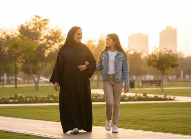 أم إماراتية تمشي مع ابنتها في الحديقة وقت الغروب