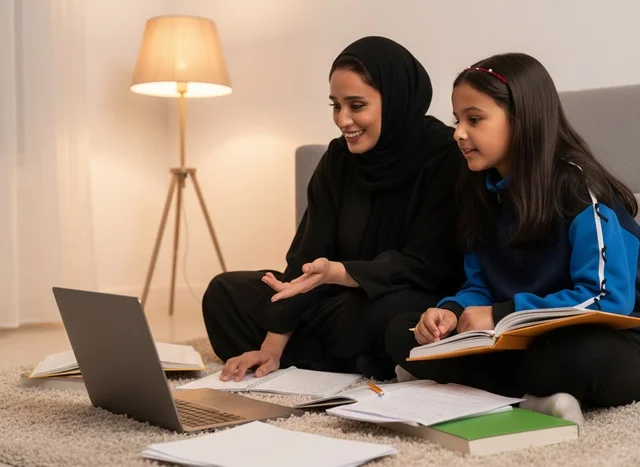 Saudi Mother and Daughter Studying with Laptop