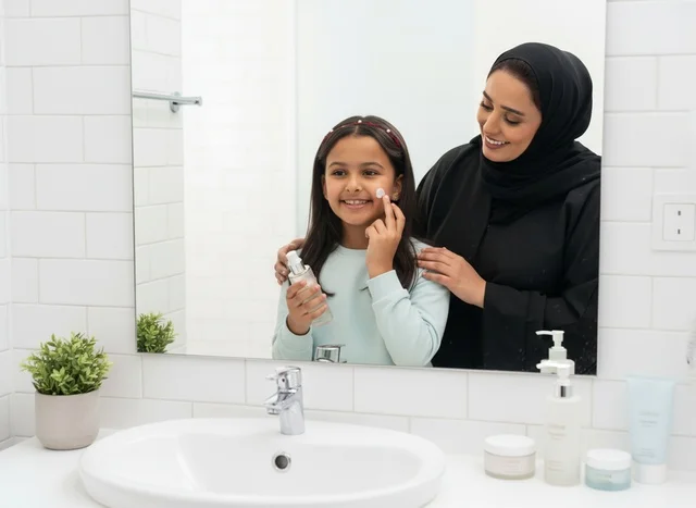 Emirati Mother and Daughter Skincare Routine in Bathroom
