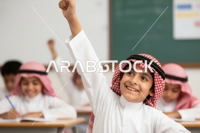 طالب سعودي يرفع يده في الفصل الدراسي