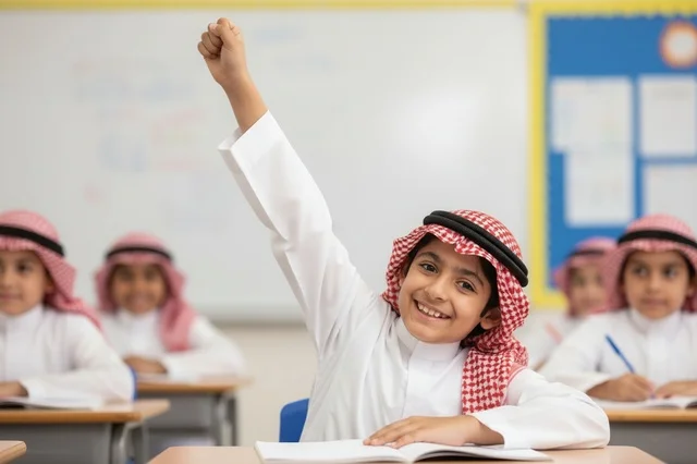 طالب سعودي يرفع يده داخل الفصل الدراسي