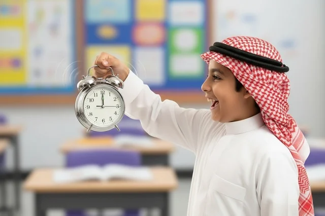 Saudi Student in Classroom Holding Alarm Clock