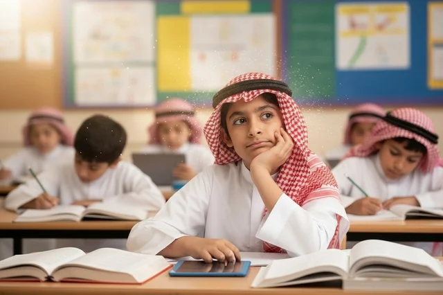 طالب سعودي بالزي التقليدي في فصل دراسي