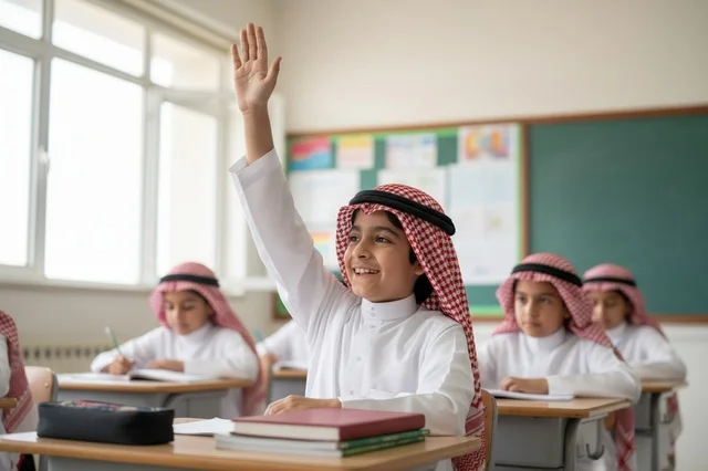 Saudi Student Raising Hand in School Classroom