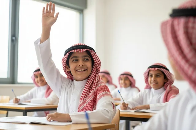 Saudi Student Raising Hand in Traditional Classroom