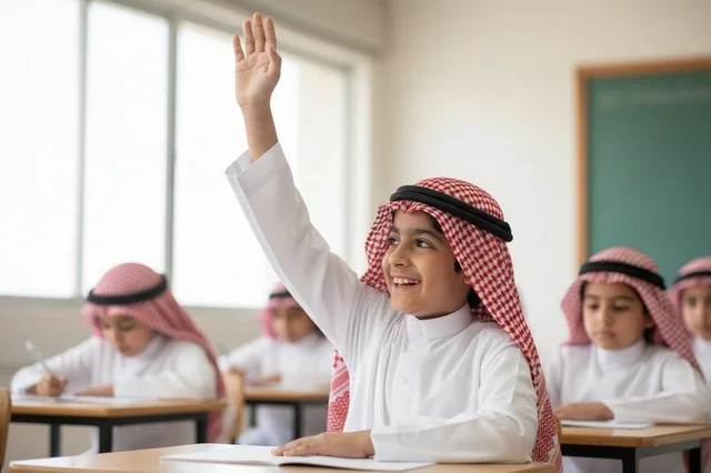 Saudi Schoolboy Raising Hand in Classroom Lesson