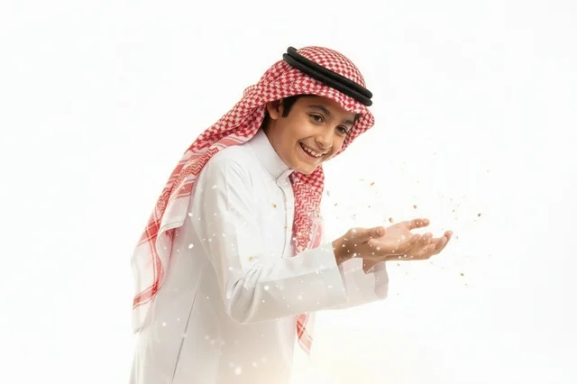 Saudi Boy in Traditional Thobe with Golden Confetti