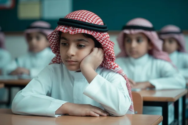 Saudi Schoolboy in Traditional Dress in Classroom