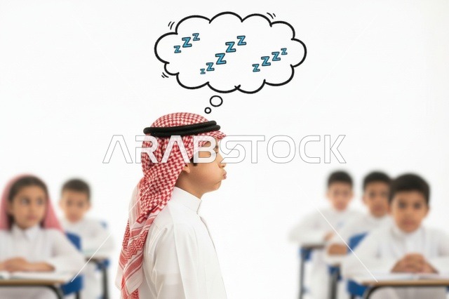 طالب سعودي في الفصل الدراسي مع فقاعة تفكير للنوم