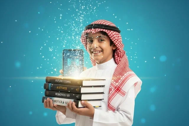 طفل سعودي باللباس التقليدي يحمل كتب التكنولوجيا