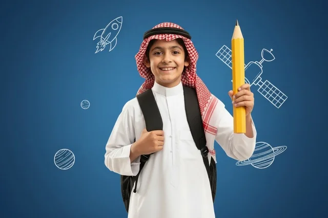 Saudi Student in Traditional Dress with School Supplies Saudi Student in Traditional Dress with School Supplies