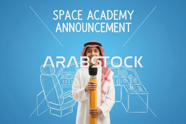 طفل سعودي مع إعلان أكاديمية الفضاء ورسم توضيحي