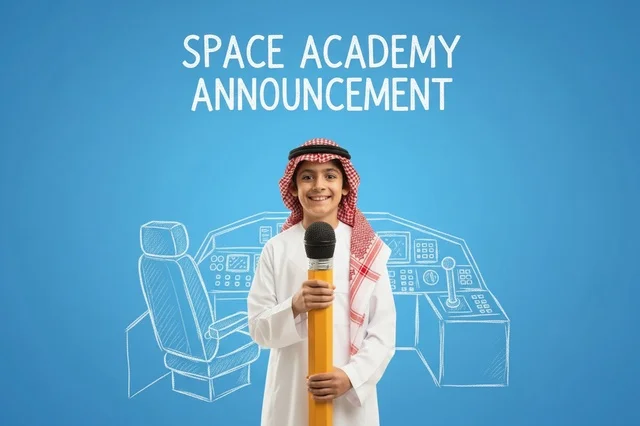 طفل سعودي مع إعلان أكاديمية الفضاء ورسم توضيحي