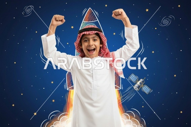طفل سعودي يحتفل مع رسم صاروخ فضائي