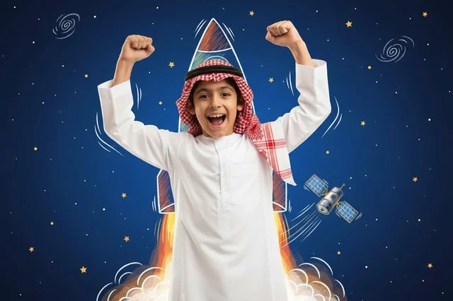 طفل سعودي يحتفل مع رسم صاروخ فضائي