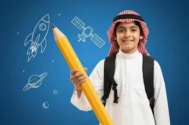 Saudi Schoolboy with Pencil and Space Science Theme