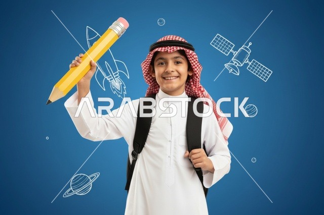 طالب سعودي يحمل قلم رصاص مع رسومات فضاء