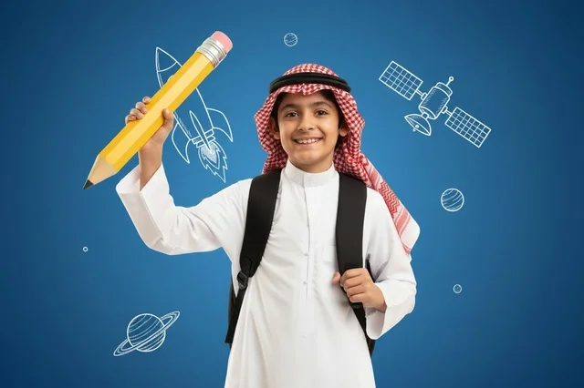 Saudi Boy Student with Pencil and Space Illustrations