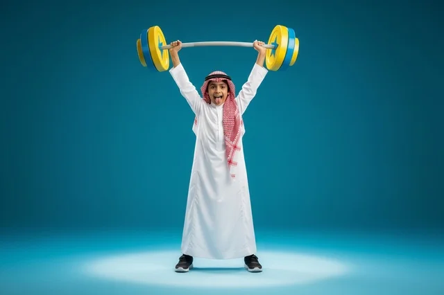 طفل سعودي بالثوب التقليدي يرفع الأثقال