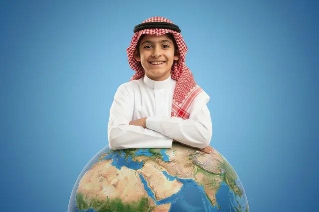 طفل سعودي بالزي التقليدي يتكئ على الكرة الأرضية