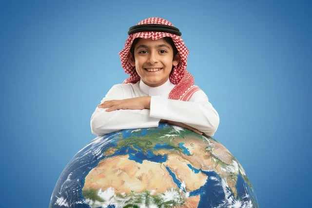 طفل سعودي بالزي التقليدي يتكئ على الكرة الأرضية