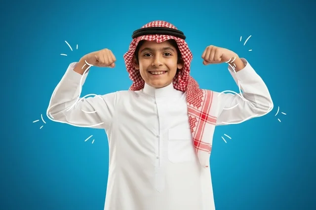 Saudi Boy in Traditional Thobe Flexing Muscles on Blue