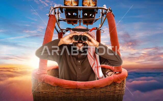 A Saudi Arabian Gulf man sitting in a balloon above the clouds, using the binoculars to bring distant objects closer, facial gestures that indicate amazement and wonder, a means of transportation and entertainment, exploration and adventure